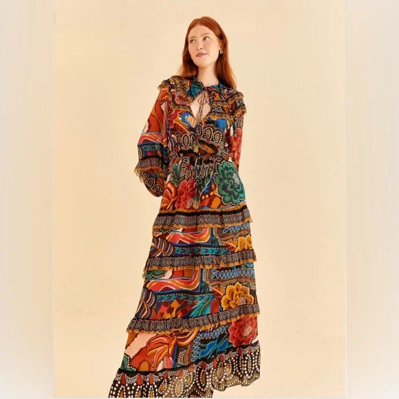 green emerald velvet dress Farm Rio Women's Rococo Flowers Black Maxi Dress, M / Black main image 1